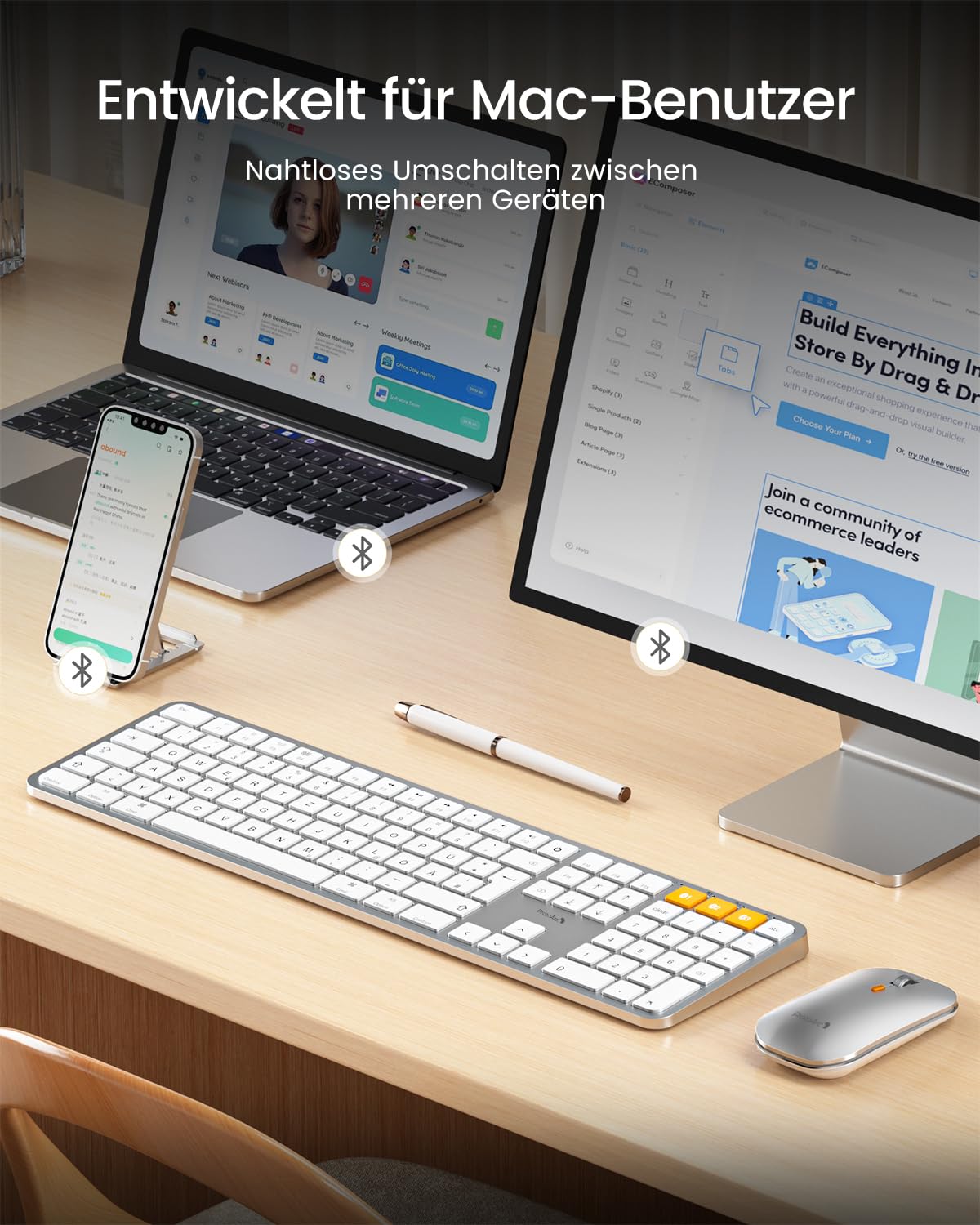 ProtoArc KM100-A Beleuchtet Tastatur Maus Set Kabellos für Mac, Bluetooth QWERTZ Funk Tastatur mit Maus, Wireless Flach Keyboard Multi-Gerät für MacBook Pro, MacBook Air, iPhone, iPad, Weiße