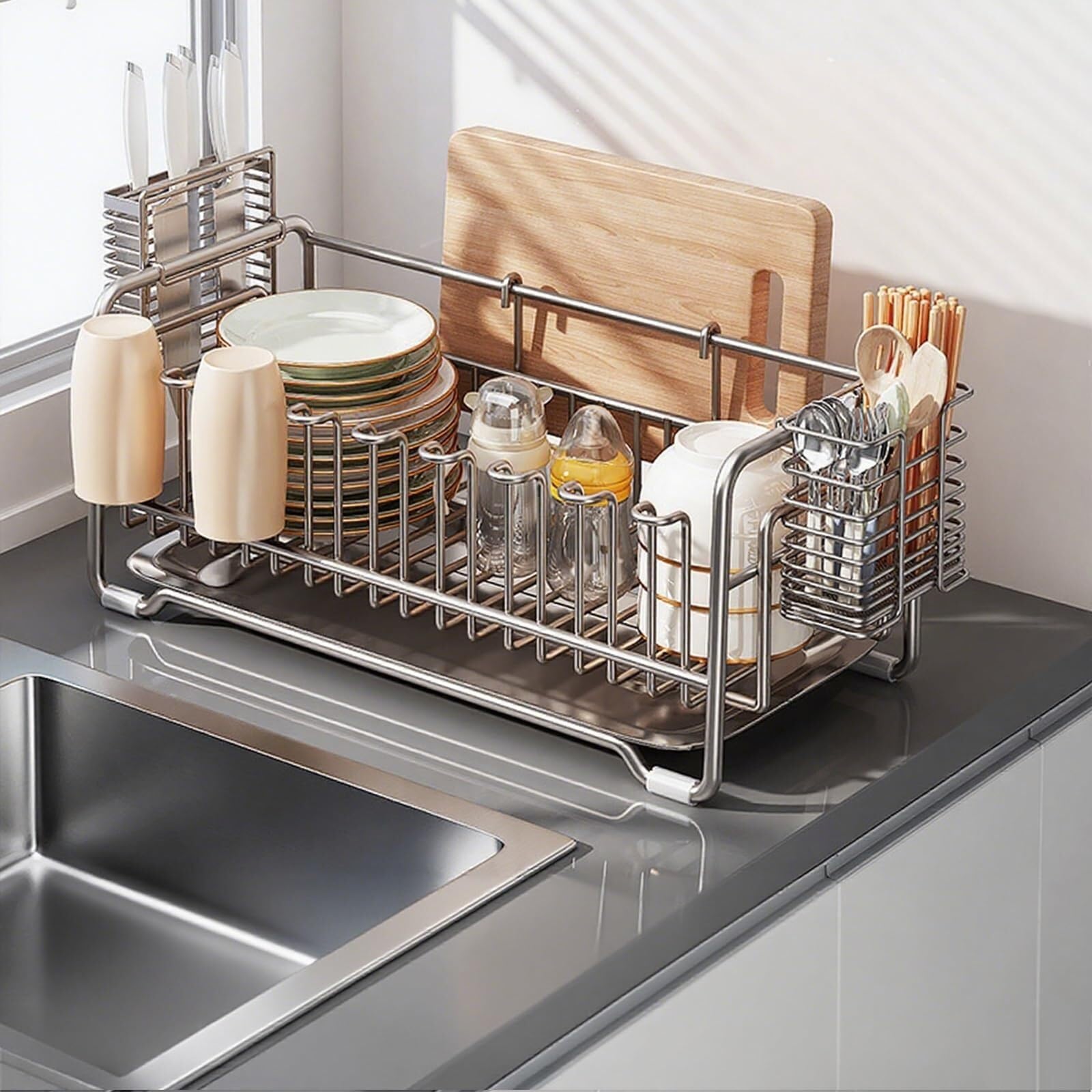 WLH Alexanders Dish Drying Rack Space-Saving Dish Rack for Kitchen Counter Stainless Steel Dish Drainer with Utensil Holder dish rack(Color4,46cm)