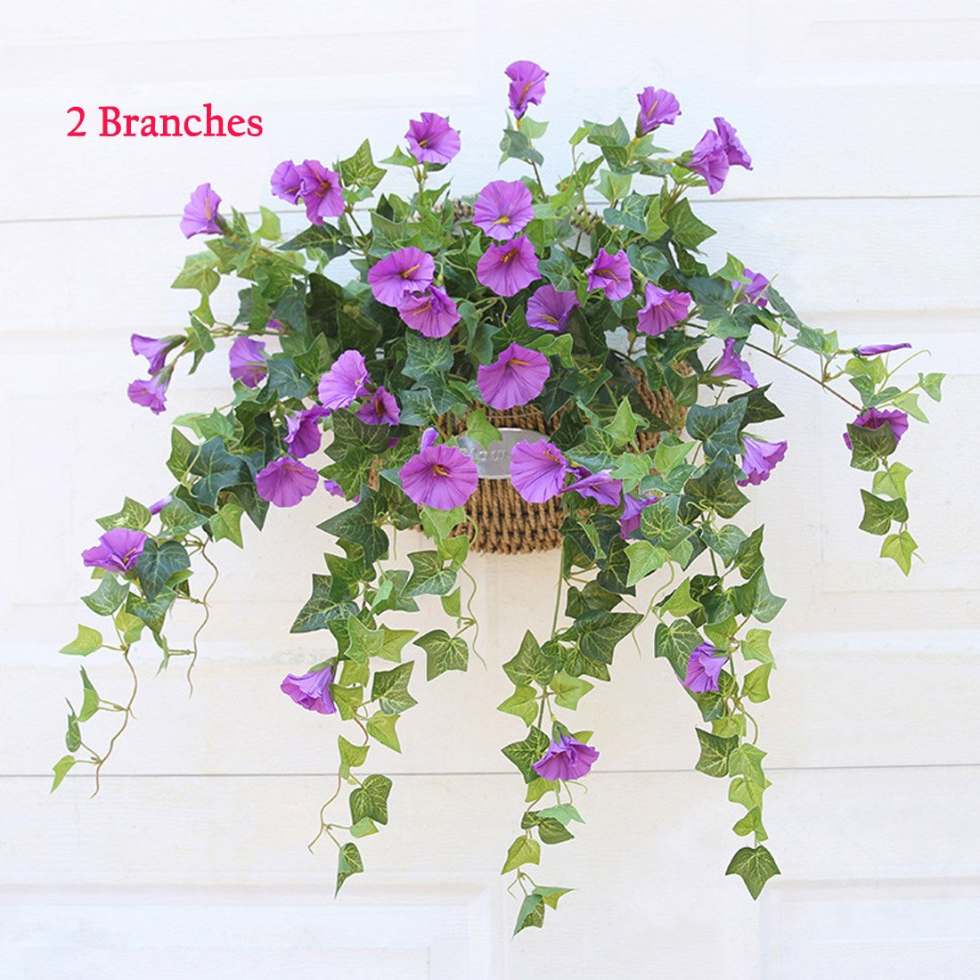 Calcifer 1 Branch(12 Stems/23 flowers) Artificial Morning Glory Trumpet Flower Vine Plastic Flower Bouquet Hanging Wall Strings Flowers for Home Garden Wedding Party Decoration (Purple)
