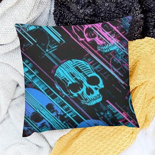 Skulls Synthwave Cyberpunk Home Decor Throw Pillows Cover for Sofa Couch, 100% Linen 24x24in