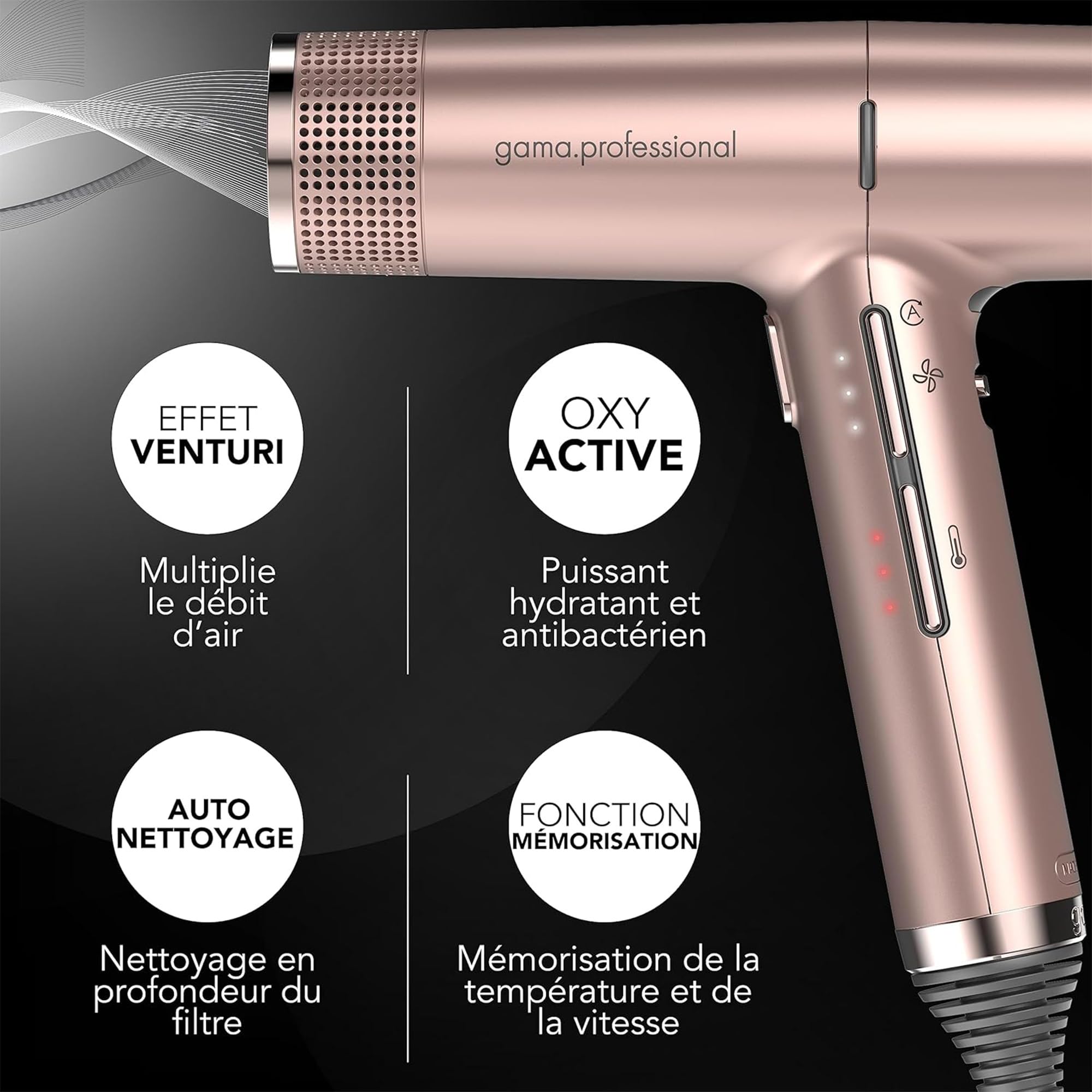 GA.MA Italy Professional, iQ Perfect Hair Dryer, sèche-cheveux ultraléger avec moteur intelligent sans balais, technologie Oxy-Active pour des cheveux brillants, puissance 1600 W, Gold Rose