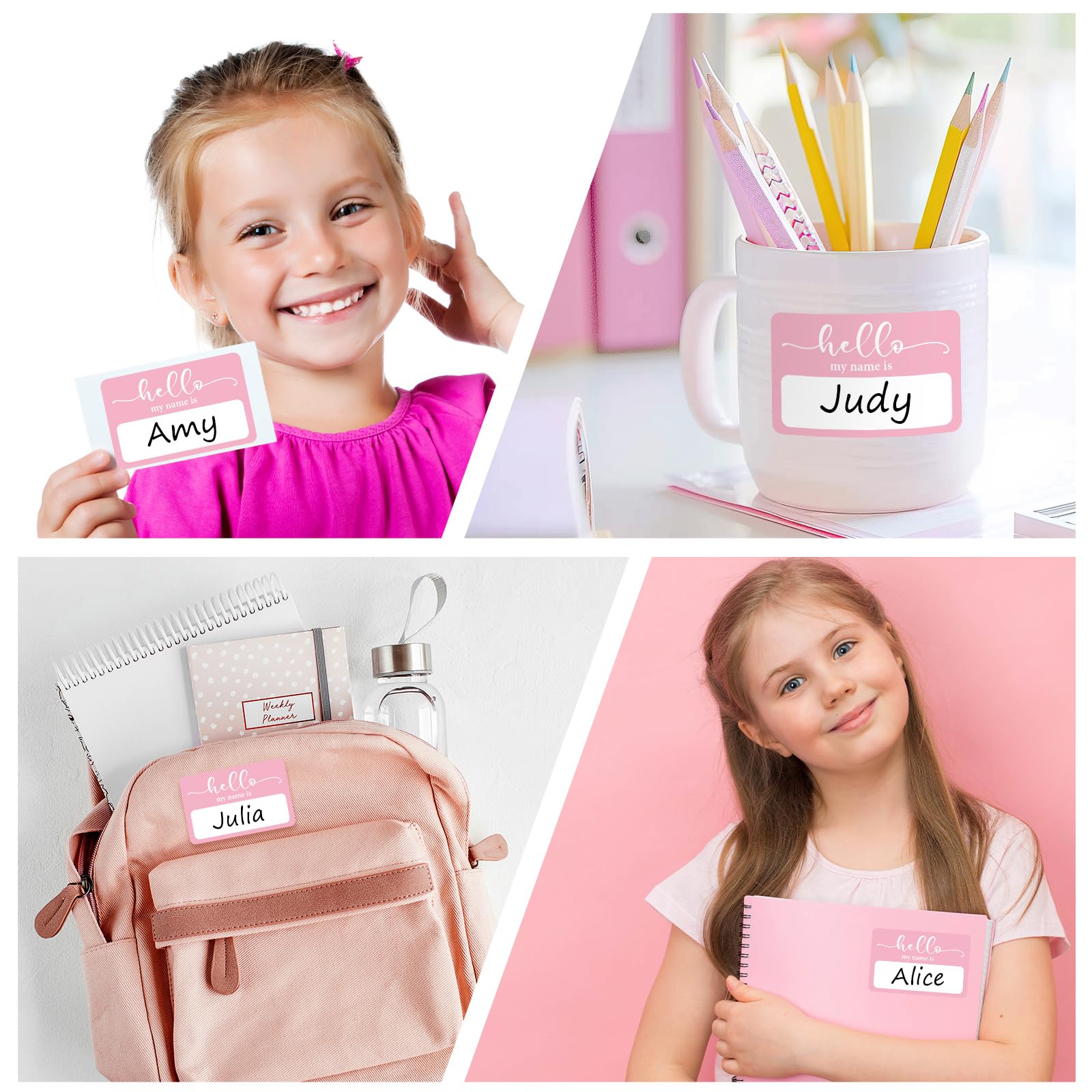 JarThenaAMCS 300 Stück Hello My Name is Aufkleber, hellrosa, Namensschild-Aufkleber, niedliche selbstklebende Rolle, Aufkleber für Schule, Büro, Klassenzimmer, Schreibtisch, Wand, Nachrichtenbrett