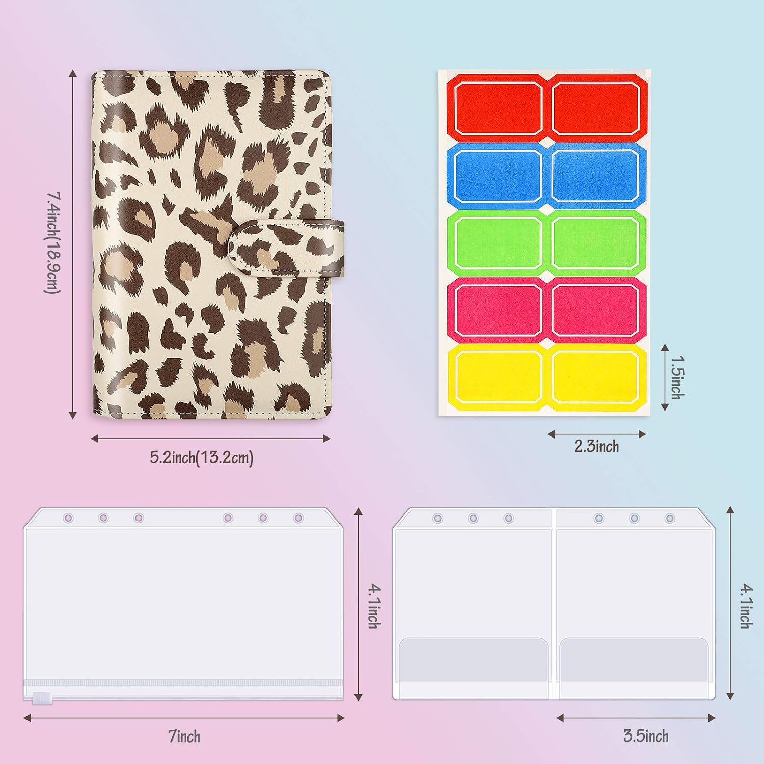 Budget Binder Personal Planner Binder, A6 PU Leather Notebook Binder Set with 6 Pieces A6 Loose Leaf Zipper Pouch 2 Pieces 6-Ring Budget Envelope, Loose Leaf Personal Organizer Binder Cover, Leopard