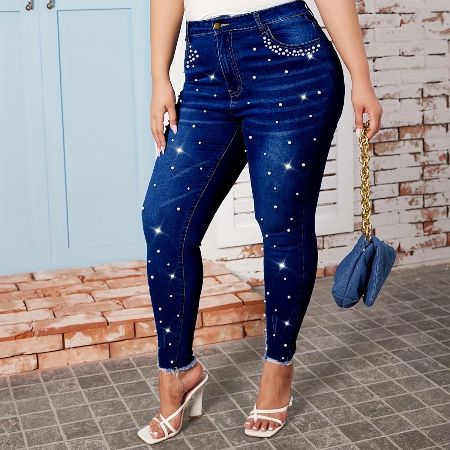 Cyparel Women's Stretch Skinny Jeans Pearl Beaded Fringe Tassels Frayed Butt Lifting Slim Fit Denim Pants - Image 5