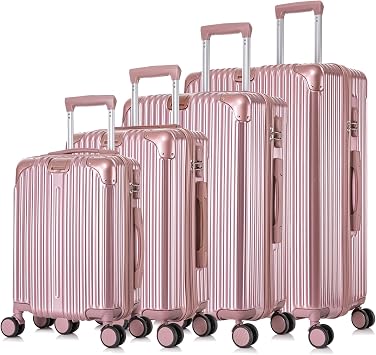 Apelila 4 Piece Hardshell Luggage Sets with Spinner Wheels for Travel 18/20/24/28 Inch, Lightweight Carry on & Checked Suitcase for Family Vacation Golden Pink