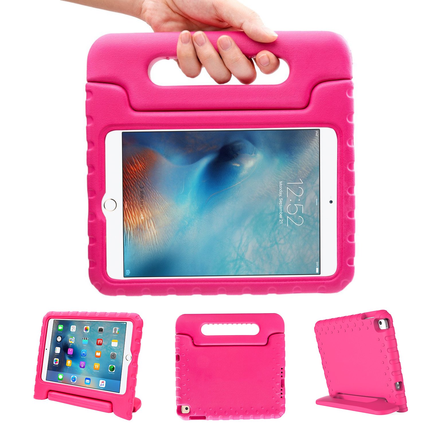 LefonKids iPad Mini 4 Case ShockProof Convertible Handle Light Weight Super Protective Stand Cover Case for Apple iPad Mini 4 Tablet (Rosy)