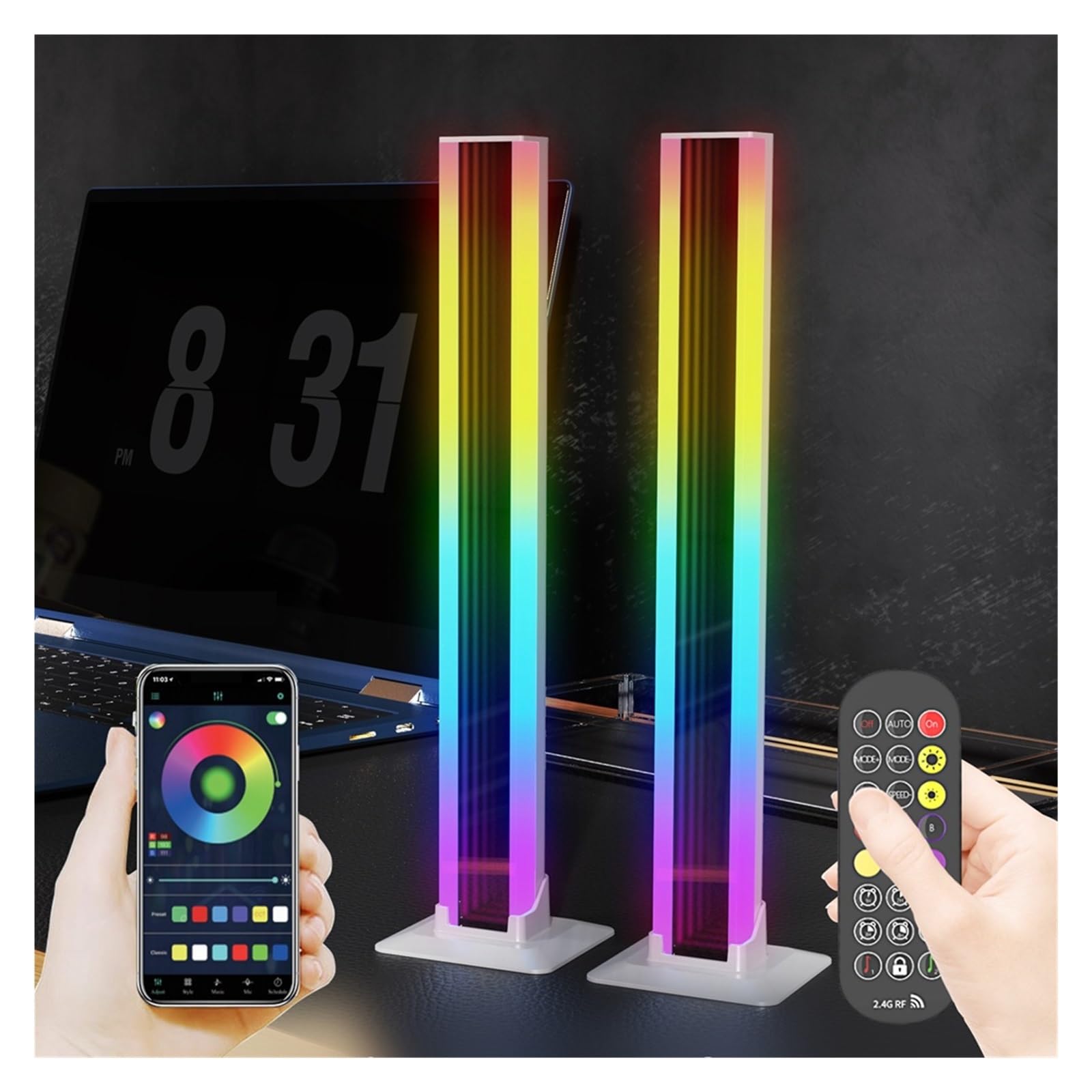Lampa Stojąca Światło LED RGB Para Wystrój Pokoju Lampa Otchłań Bluetooth Nocne Oświetlenie Otoczenia Pulpit Nastrojowe Do Telewizora Gry Komputerowe Prezent Na Boże Narodzenie(Black)