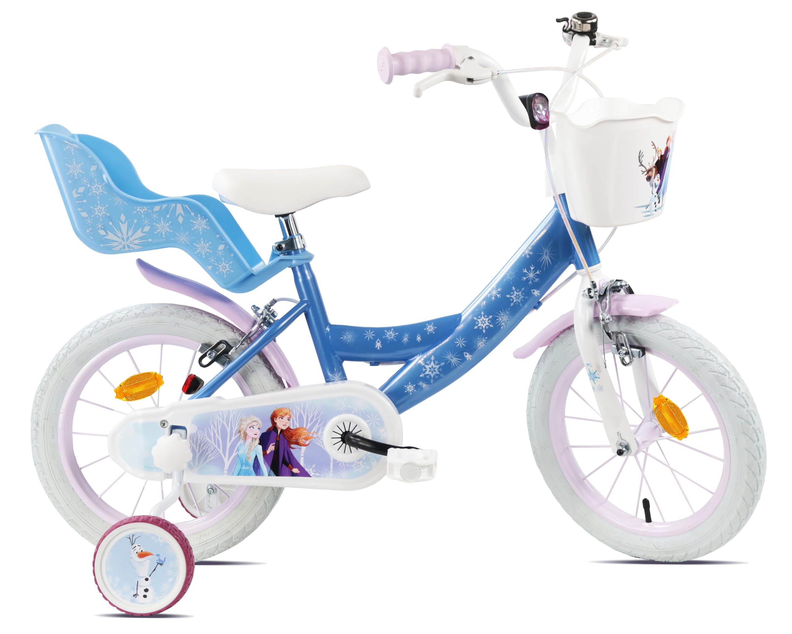 Vélo Reine des Neiges 14'' Fille équipé de 2 Freins Caliper - Roue Libre - Pneus Gonflables - Jantes aciers avec Rayons - Panier Avant - Porte-poupée arrière - Garde-Boue - 2 Stabilisateurs