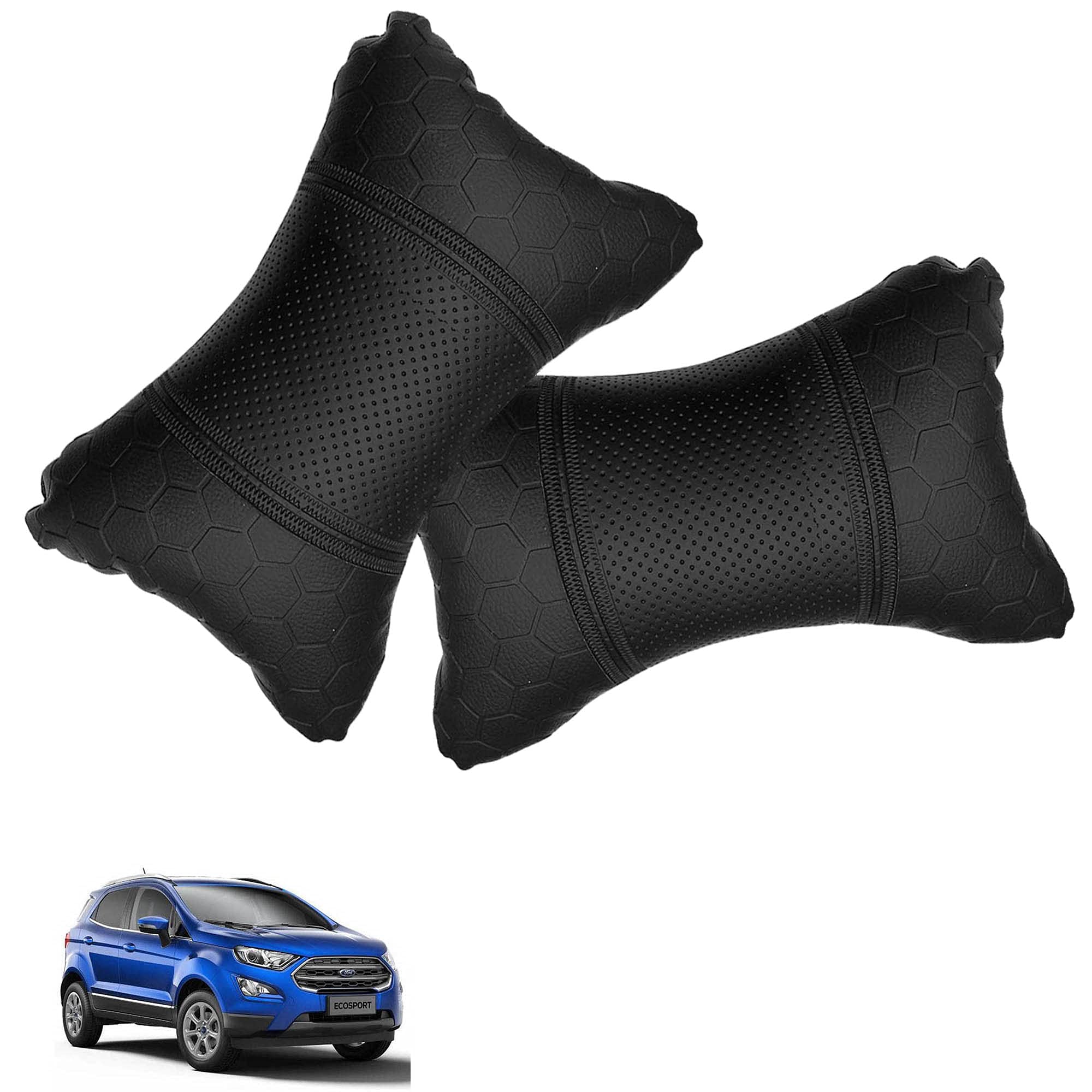 AdroitZ Car Neck Rest Football Design Black Pillow/Cushion (Set of 2) for Ecosport_PR269