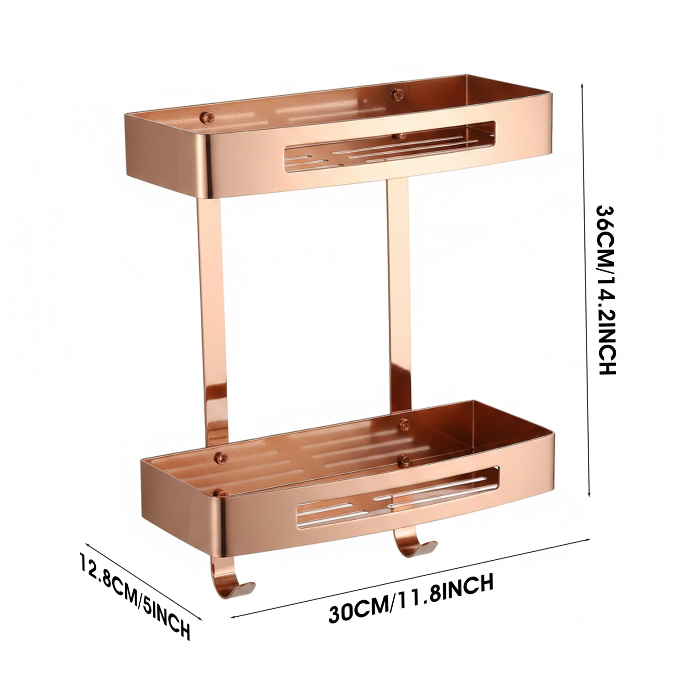 Estante de pared para baño, organizador de ducha de doble nivel, estante de esquina de baño adhesivo de acero inoxidable 304, organizador de pared sin taladrar con ganchos, oro rosa