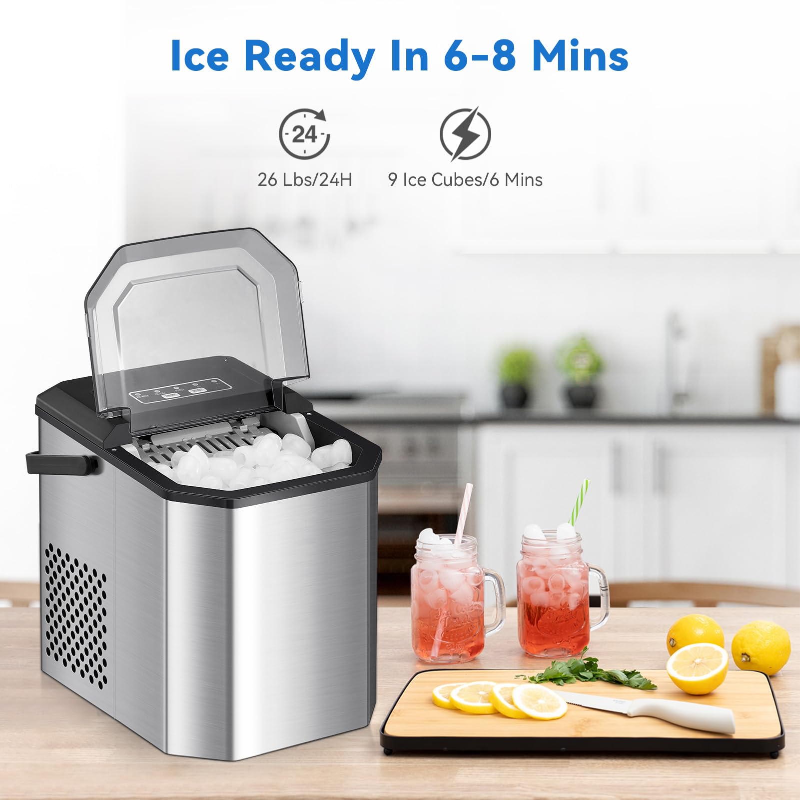 Kompakte Eiswürfelmaschine 120W – 9 Eiswürfel in 6 Min, 26 lbs/24h, Selbstreinigung, für Party, Büro, Bar, Wohnmobil, Eisschaufel & Korb, leise