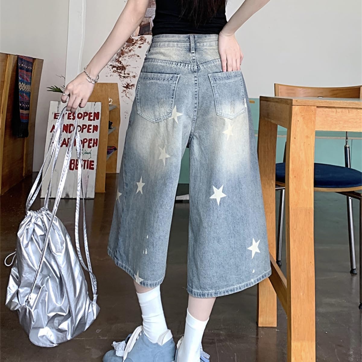 Fashion Vintage High Waisted Straight Leg Star Jeans Y2K Casual Cute Printed Gradual Baggy Pants for Women