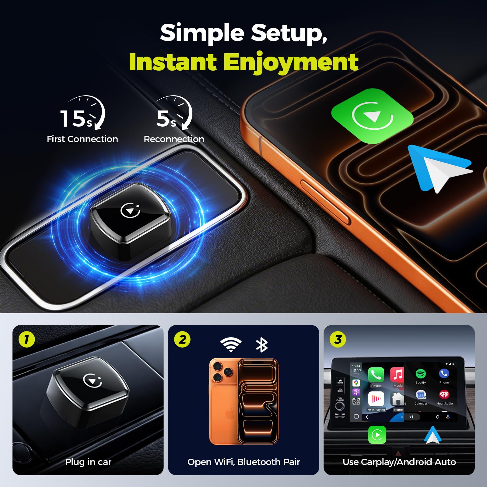 LAMTTO Adattatore CarPlay Wireless per iPhones e Android Auto,AirPlay/Miracast,Converte Car Play/Android Auto Cablato in Wireless,Plug & Play,Compatibile Solo con Auto 2016+ Dotate di CarPlay Cablato