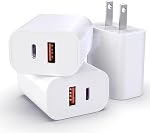 3-Pack USB C Block, 20W Dual Port PD+QC, USB C Charger Wall Adapter, Fast Type C Charging Plug Compatible with iPhone 17,16,15,14,13,12,11, Pro Max, X, XS, Galaxy Phone