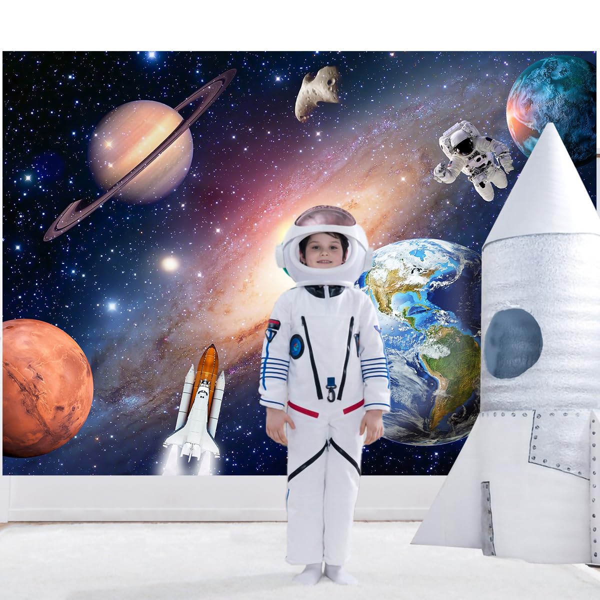 Telón de fondo del espacio exterior para bebés y niños, astronautas, cohetes, naves espaciales, universo, planetas, fondo perfecto para decoración de fiesta de cumpleaños temática de galaxia