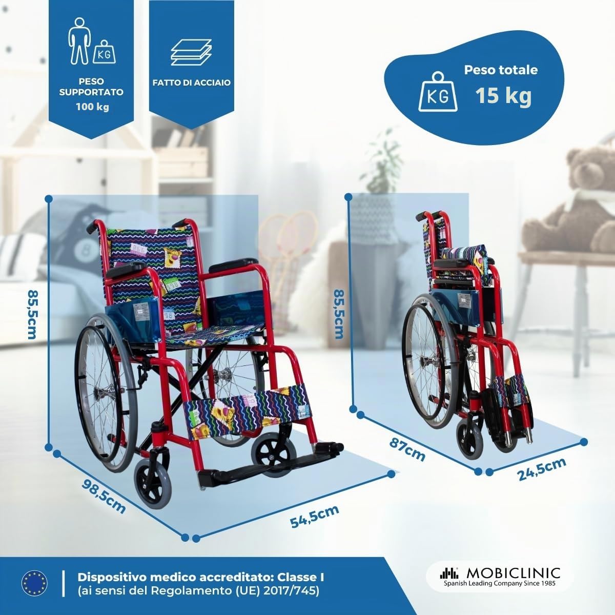 Mobiclinic, Carrozzina per bambini, Teatro, Etichetta europea, Pieghevole, Marchio ce, Accessibile ai disabili, Freno sulle maniglie, Poggiapiedi e braccioli fissi, Rivestimento rosso con stampe