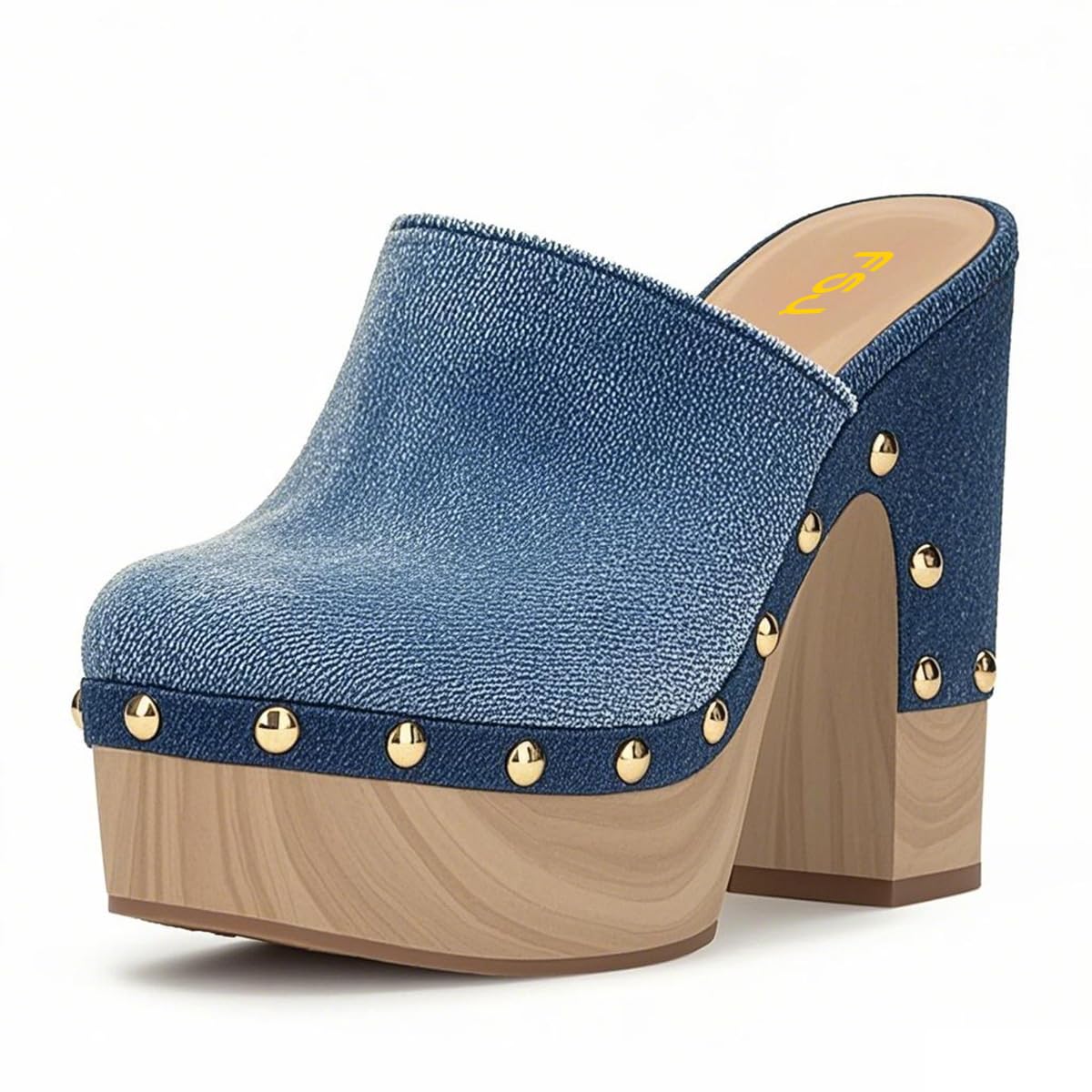 FSJ Women Closed Round Toe Mules High Chunky Heeled Sandals Slip On Platform Wooden Clogs Studs Comfy Shoes Size 4-16 US