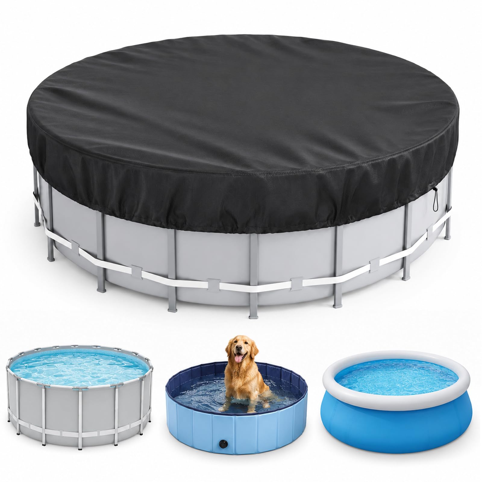 Bâche de piscine ronde Ø 366, 420D - Pour l'été et l'hiver - Pour piscine de 320 à 360 cm de diamètre - Étanche - Protection UV - Avec cordon de serrage et ancrages au sol - Pour piscines