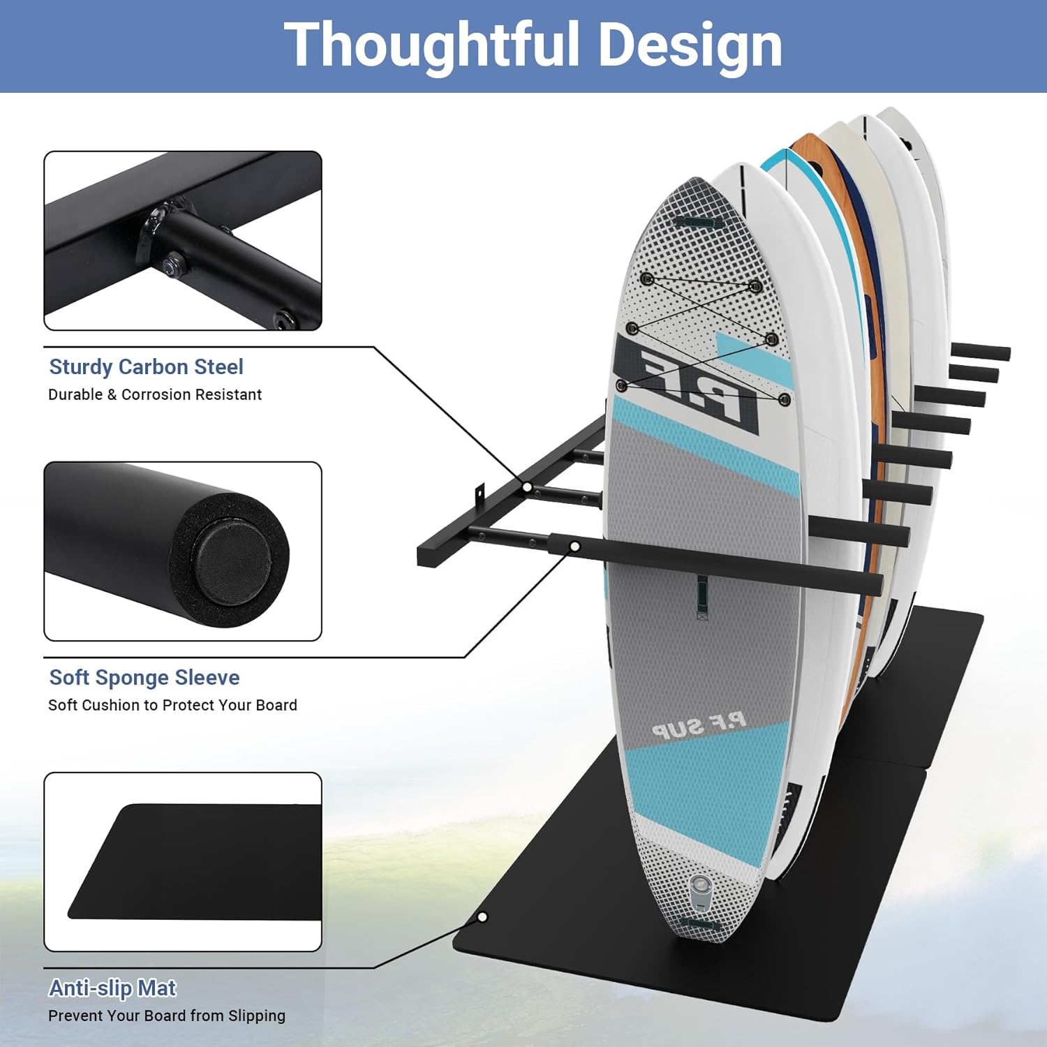 Surfboard Rack Wall Mount 6 Arms/8 Arms, Surfboard Rack for Wall with Rubber Mat, Vertical Paddle Board Storage Holds 6 Boards/8 Boards Storage Mount System at Home and Garage