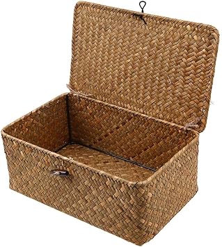 qiuqiu Storage Basket Made of Wicker, Storage Box with Lid, Seaweed, Laundry Basket, Make-up Organizer for Bathroom, Living Room, Kitchen.-Large