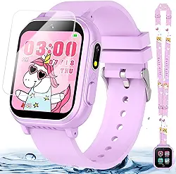 Relógio infantil à prova d'água, presente para meninas de 5 a 12 anos, 32 jogos, tela sensível ao toque HD, relógio infantil com câmera dupla, reprodutor de música, pedômetro, lanterna, 12/24 horas