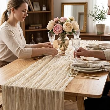 90*180cm Beige Table Runner, Table Runners for Dining Table, Cream Table Runner for Wedding and Party Decorations,Cheesecloth Table Runner for Dining Table Decor, Beige Table Runner for Home Decoratio