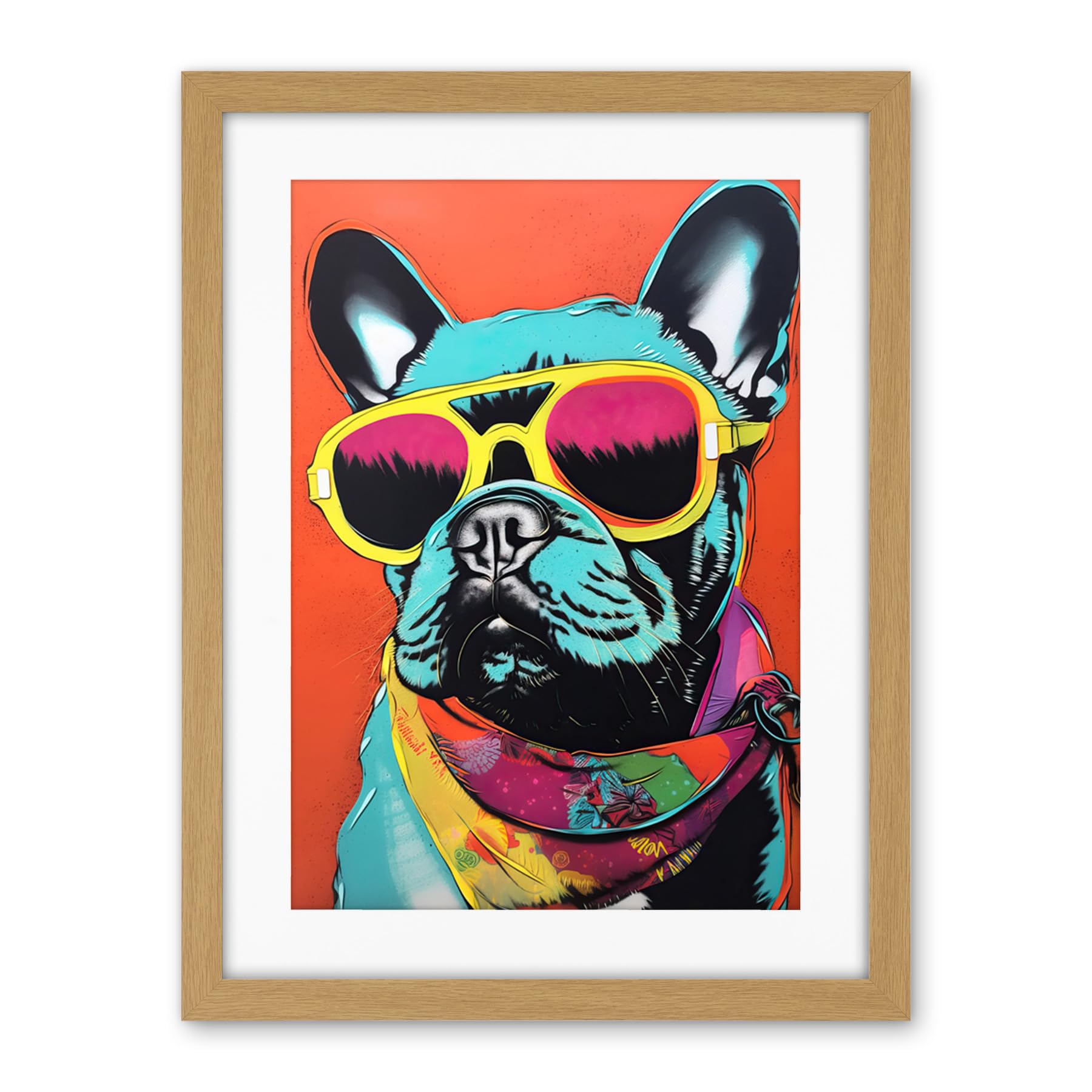 Artery8 French Bulldog Wearing Sunglasses and Bandana Artwork Framed Wall Art Print 18X24 Inch