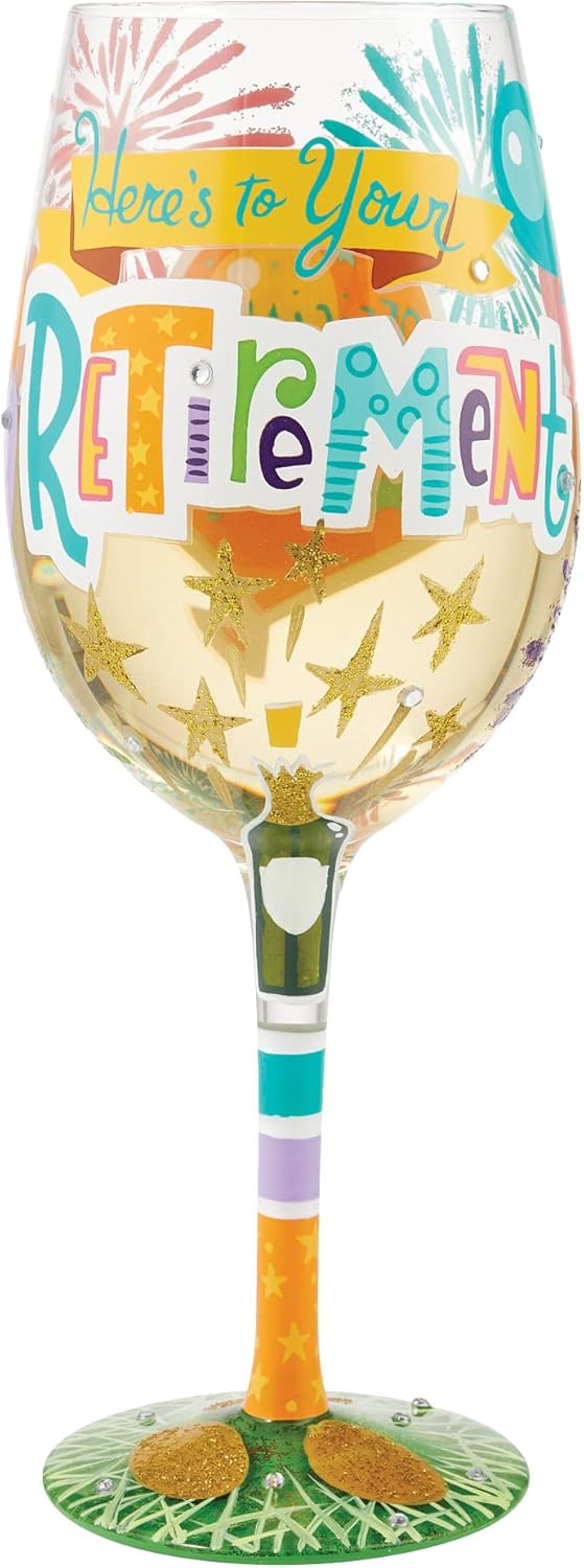 Enesco Designs by Lolita Here's to Your Retirement Hand-Painted Artisan Wine Glass, 15 Ounce, Multicolor