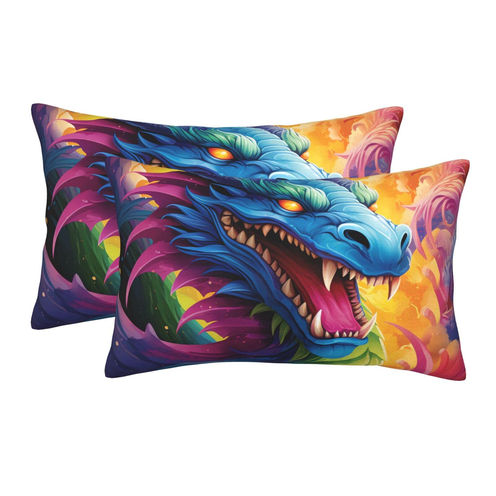 2 Pack Standard Size Pillow Cases for Hair and Skin Soft Breathable Pillow Case Covers with Hidden Zipper Colorful of Dragons Pillowcase 20"x30" Pillow Cover for Sleeping Gift