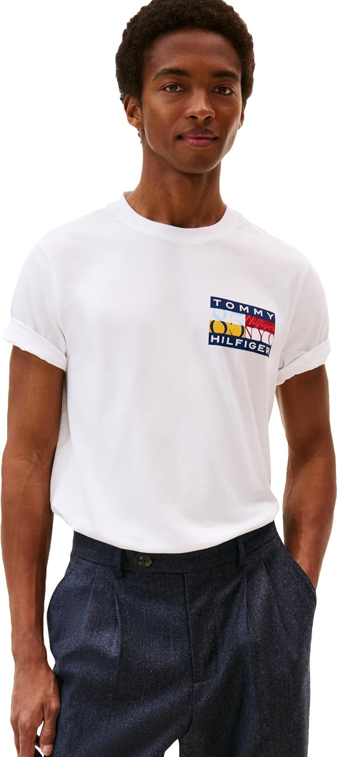 Tommy Hilfiger Mens Short Sleeve Cotton Graphic T-Shirts with Printed Color Flag Logo
