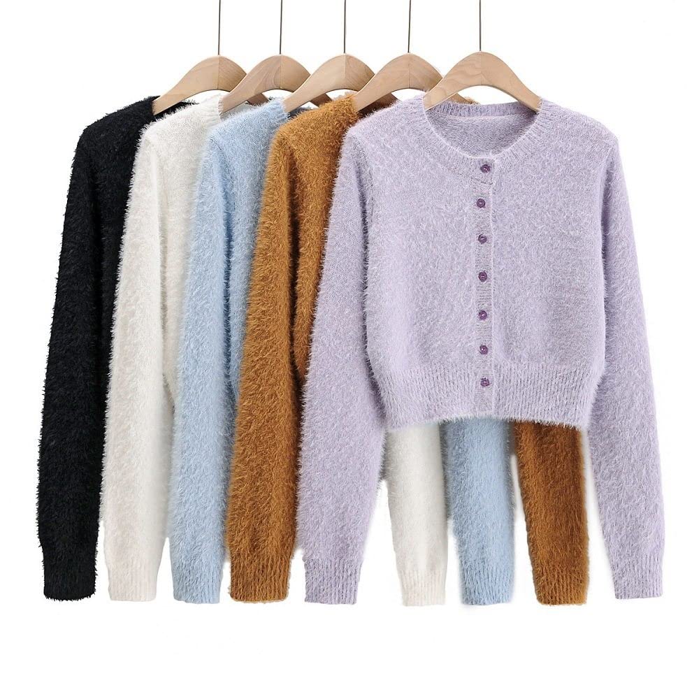 Damen Strick Cropped Cardigan Mohair Strick Cardigan Pullover Schlank Einfarbig Langarm Strick Oberbekleidung Top Button Down Vorne Offene Strickwaren
