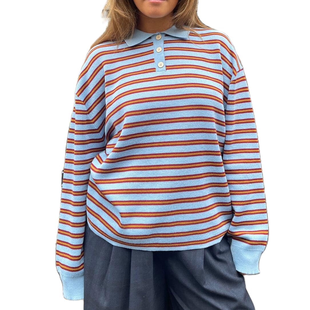 Oversized Striped Sweater Women Long Sleeve Collared Preppy Polo Sweatshirt Y2K Vintage Aesthetic Knitted Rugby Shirts