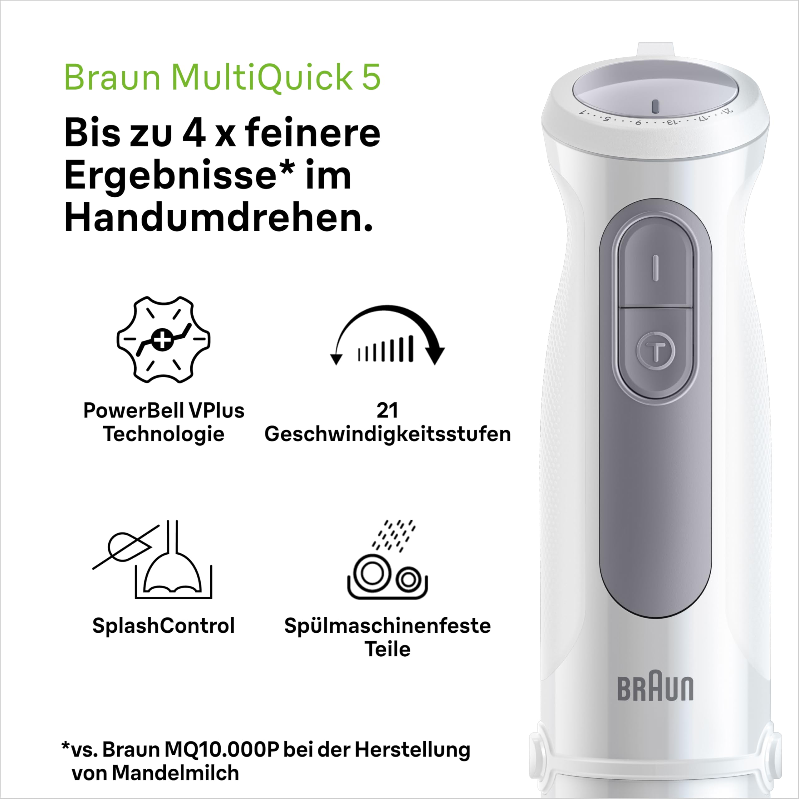 Braun MultiQuick 5 MQ 50236 M Stabmixer, 1000W, 21 Geschwindigkeitsstufen+Turbo, Edelstahl Pürierfuß, Weiß