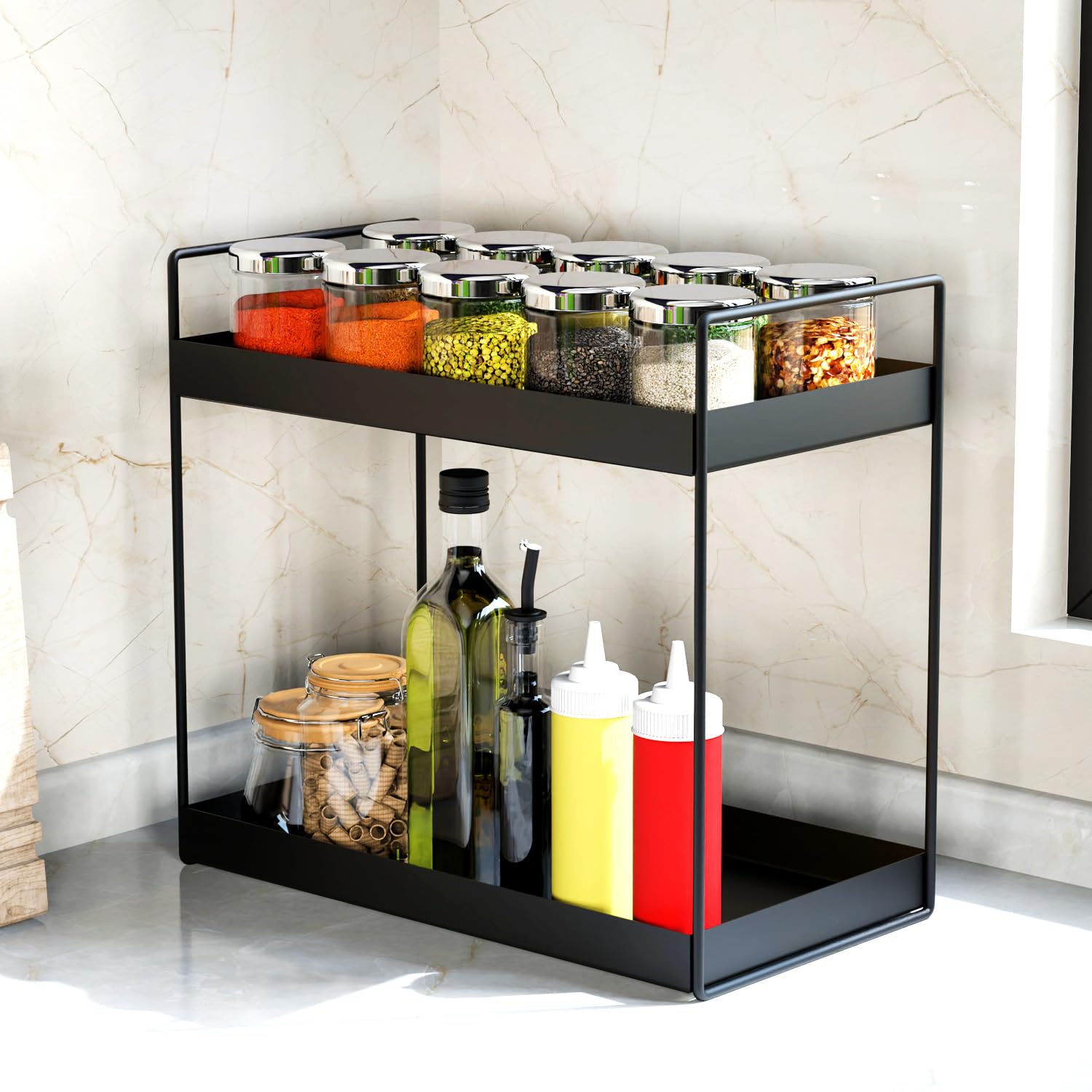 WonderStand NOVA | 2-Tier Standing Spice Rack Storage Organizer, Bathroom Countertop Storage Shelf Cosmetic Organizer and Home/Kitchen Spice Rack (Black)