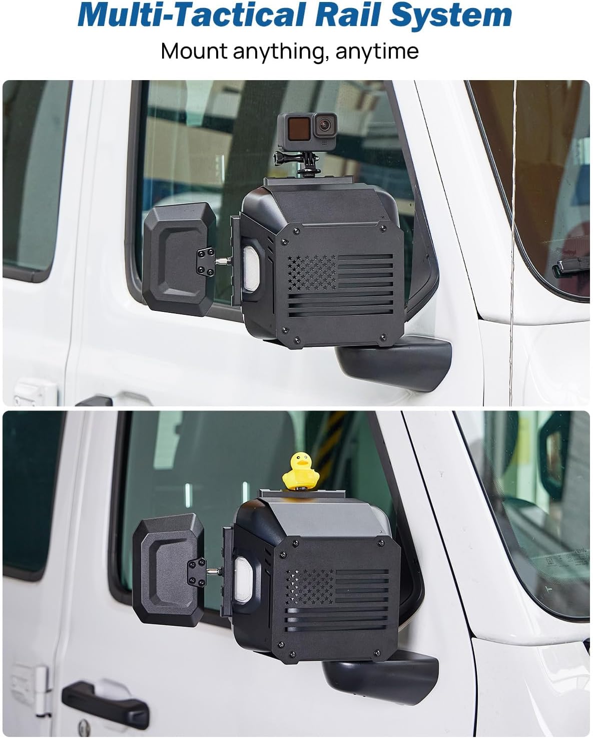 JOYTUTUS Towing Mirrors Extensions Compatible with 2018-2025 Wrangler JL/JLU & Gladiator JT, 360 Degree Rotation Adjustable, Integrated Tactical Rails for Versatile Mounting