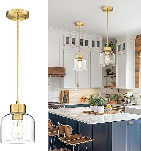 Miniatura 1 de AD-24024-1P-GD - Luces colgantes doradas para isla de cocina, 7 pulgadas con pantalla de vidrio transparente, iluminación colgante de cocina moderna