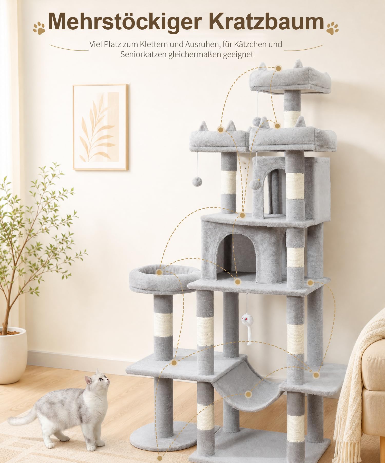 Tiragraffi alto 181 cm, per gatti da appartamento | Tiragraffi grande, XL, a più piani, con 2 comode grotte, 3 piattaforme, amaca, tiragraffi in sisal