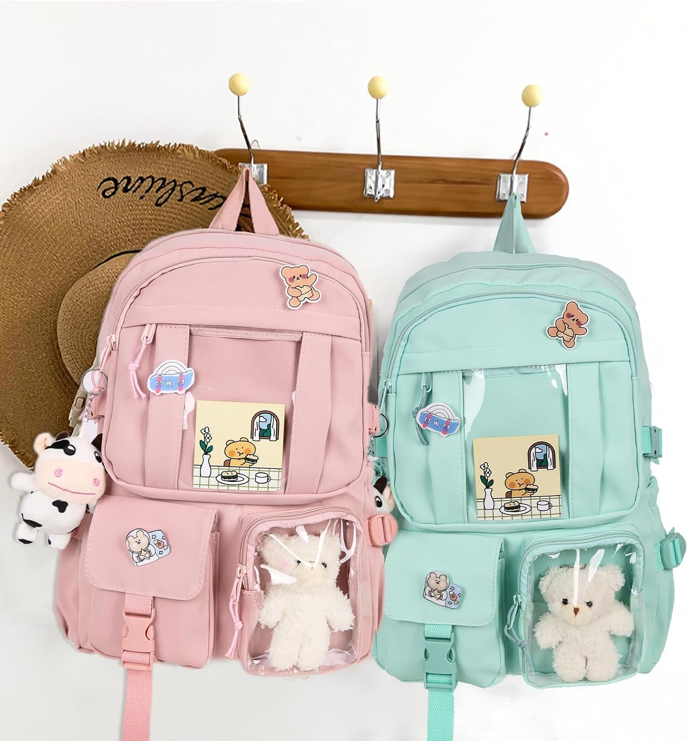 Kawaii Backpack with Cute Bear Plush Kawaii Pin Accessories Large Capacity Aesthetic School Bags Cute Bookbag for Girls Teen (Simple, Green) - Image 3