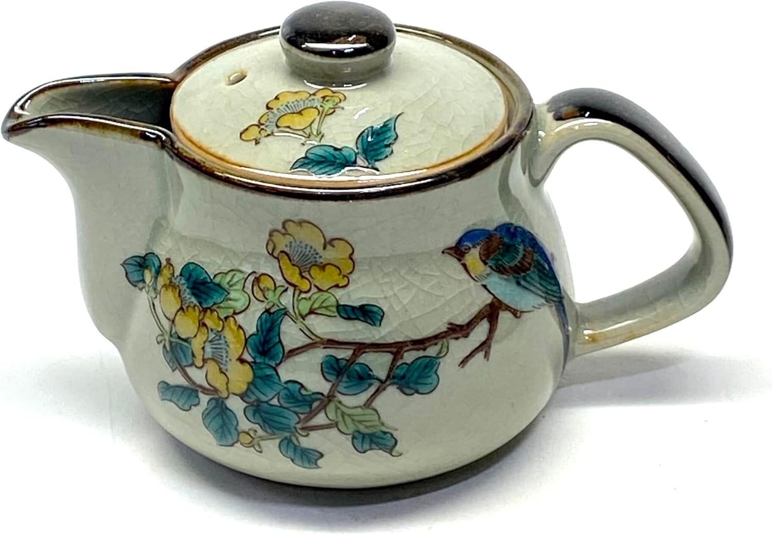 Kutani japanese porcelain【teapot kyusu】bird＆tree Kinshibai feat.decorated base
