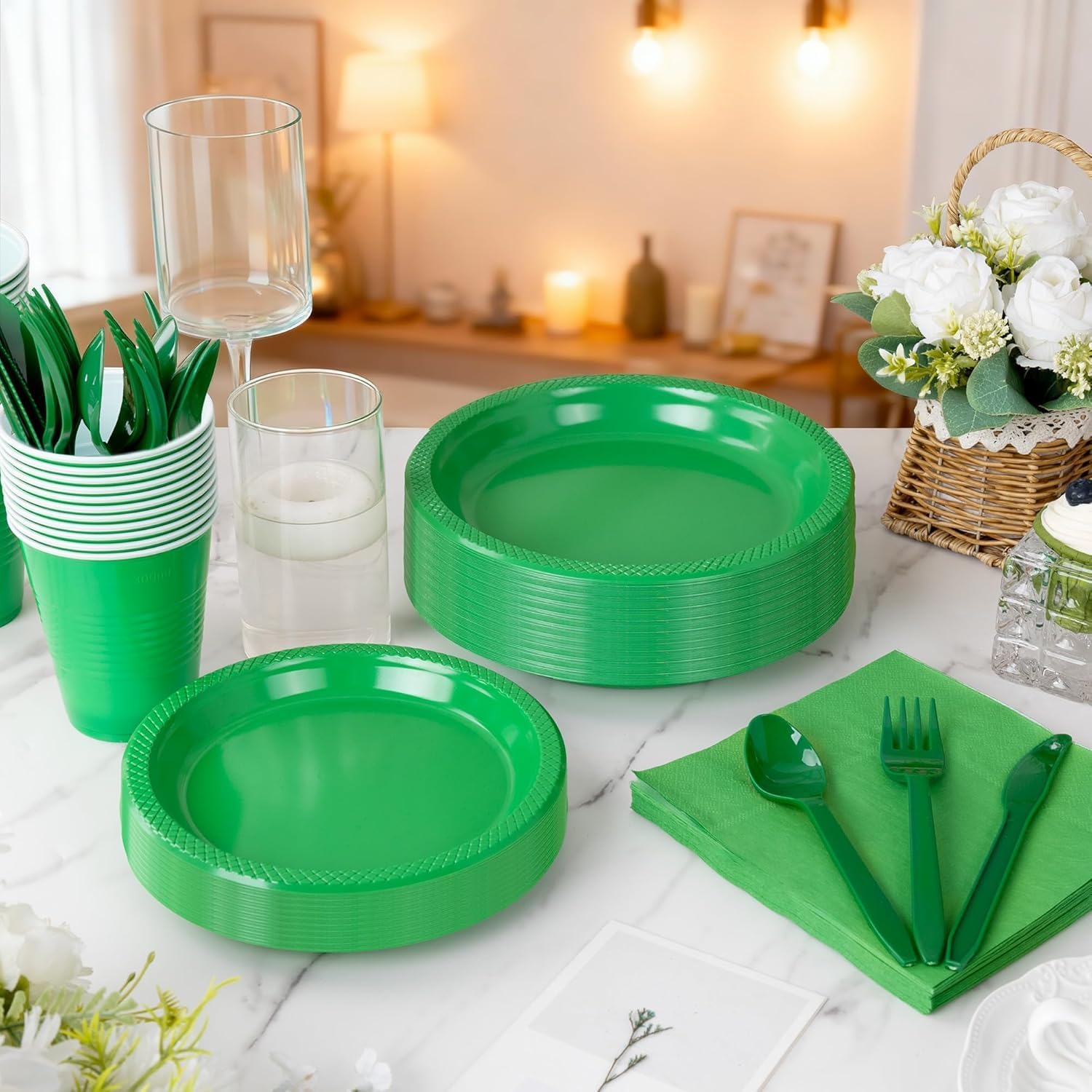 mirthmood 350pcs green plastic plates, green plates set, including green disposable plates and napkins, plastic cutlery and 12oz cups, serve 50 guests for party & wedding