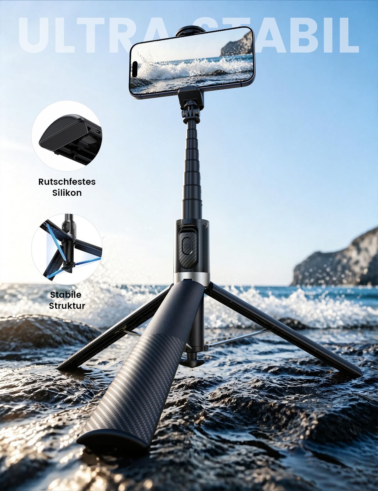 Lamicall Handy Stativ für Smartphone & Selfie Stick - [Automatik-Öffnung] 3-IN-1 Aluminium Handystativ mit Fernbedienung & Handyhalterung, 360° Ausziehbarer Selfiestick Tripod für iPhone 17/16, 165cm