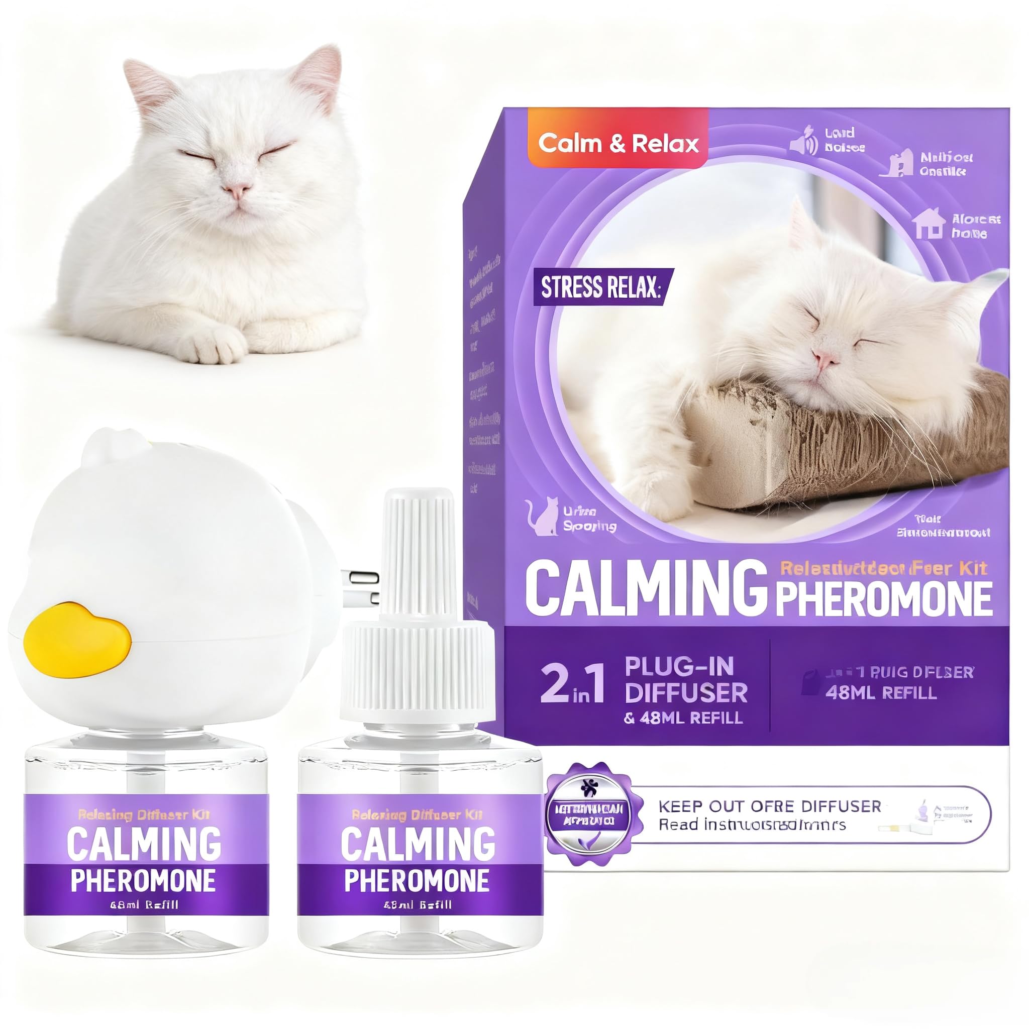 MOSKILA Diffusore Feromoni per Gatti 2 in 1, Calmante per Gatti Ideale per Antistress, Sostegno in Caso di Ansia, Stress e Altri Comportamenti, Adatto per Casa, Viaggi e attività All'Aperto