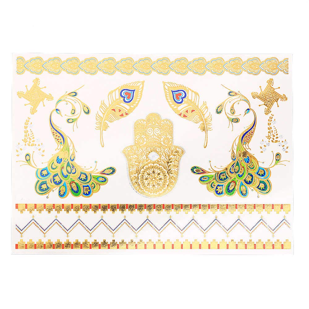 S.A.V.I 3D Temporary Tattoo Golden and Silver Metallic Sticker Colourful Butterflies Swans Peacock Design Size 21x15cm - 1pc. (74), Gold, 2 g-image-48