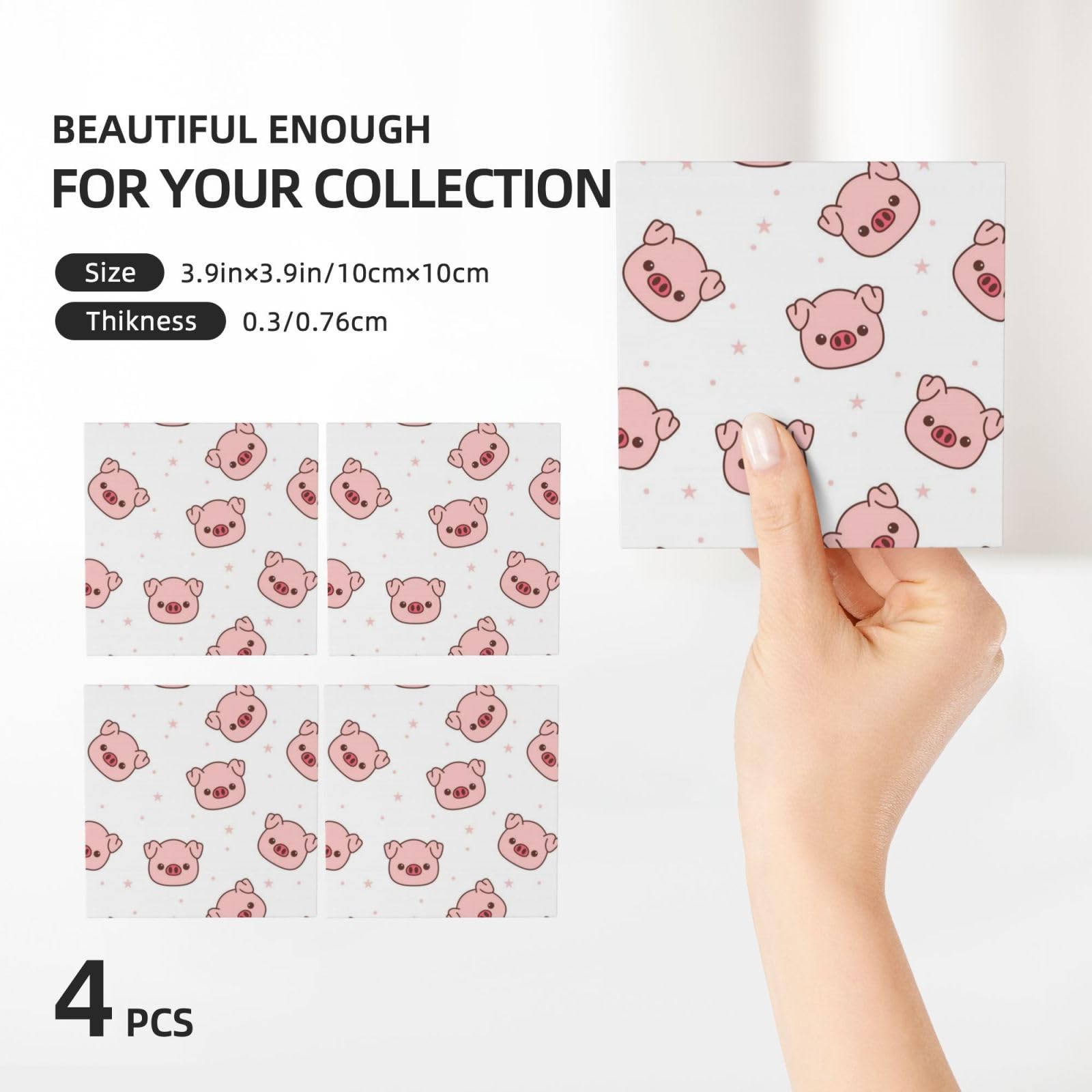 Lot de 4 dessous de verre décoratifs en céramique Motif cochon