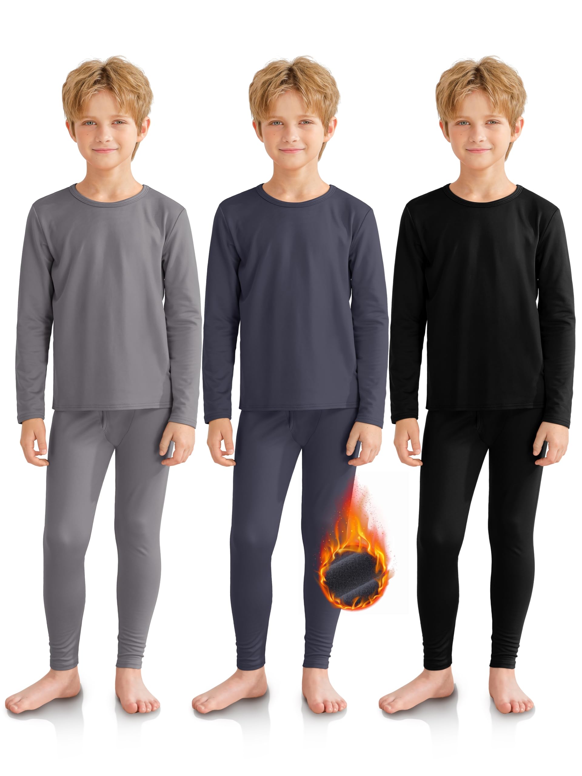 VZV 3 Set Boys Thermal Underwear Set Kids Thermal Long Johns Boy Fleece Lined Base Layer for Skiing