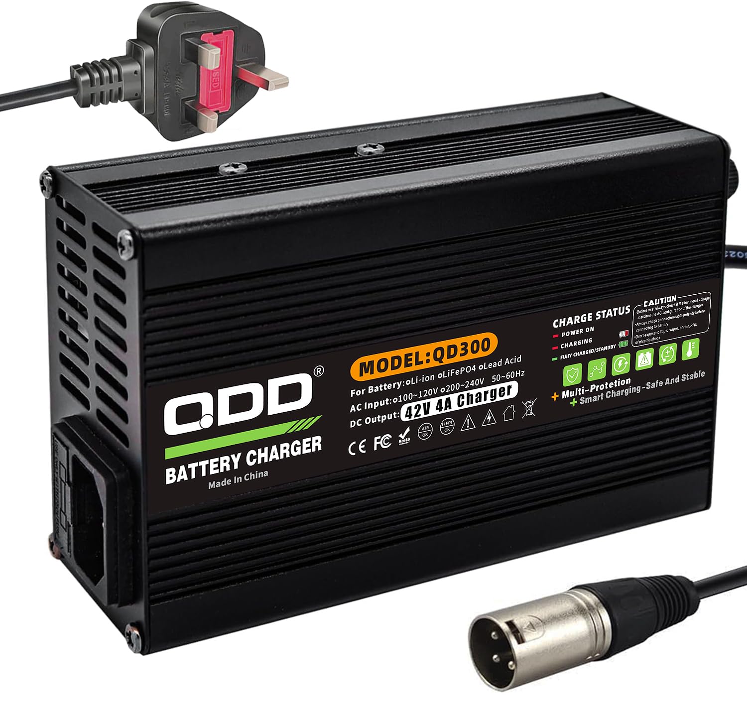 QDD Chargeur de batterie 42 V 4 A Protection multiple pour batterie Li-ion 36 V avec prise XLR 1 + 2 broches
