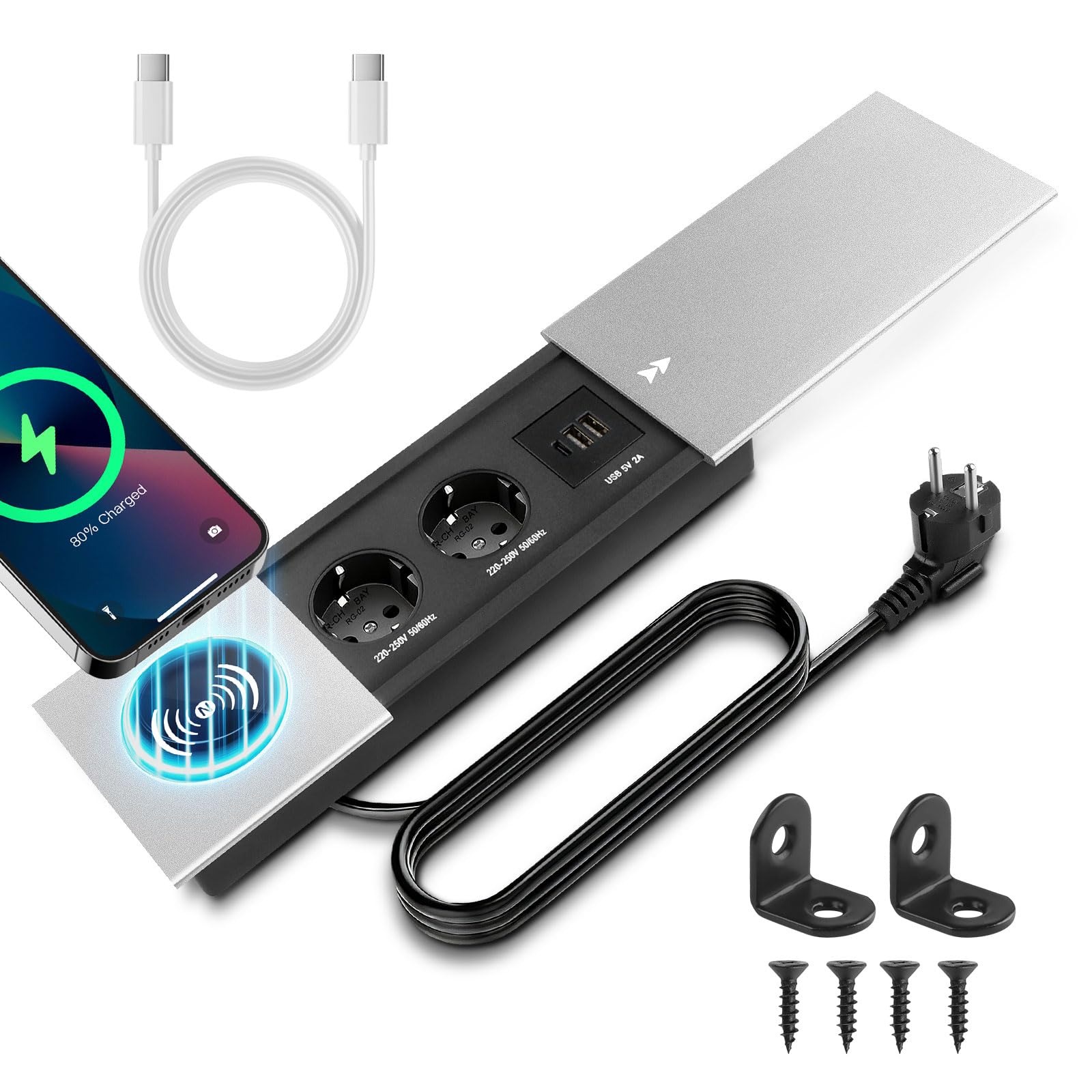Multiprise encastrable escamotable 2 Prises Multiprise intégrée USB C PD