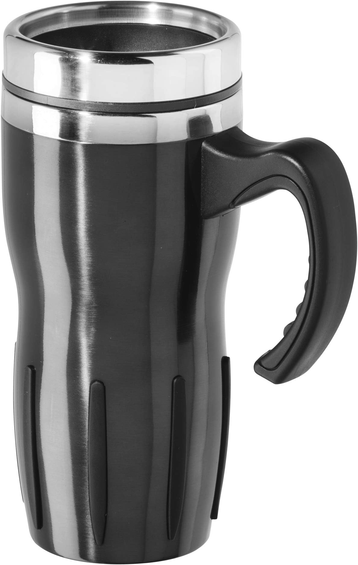 OggiMultigrip Stainless Steel Thermal Travel Mug - Black, 16oz, with slide open lid for hot and cold beverages.