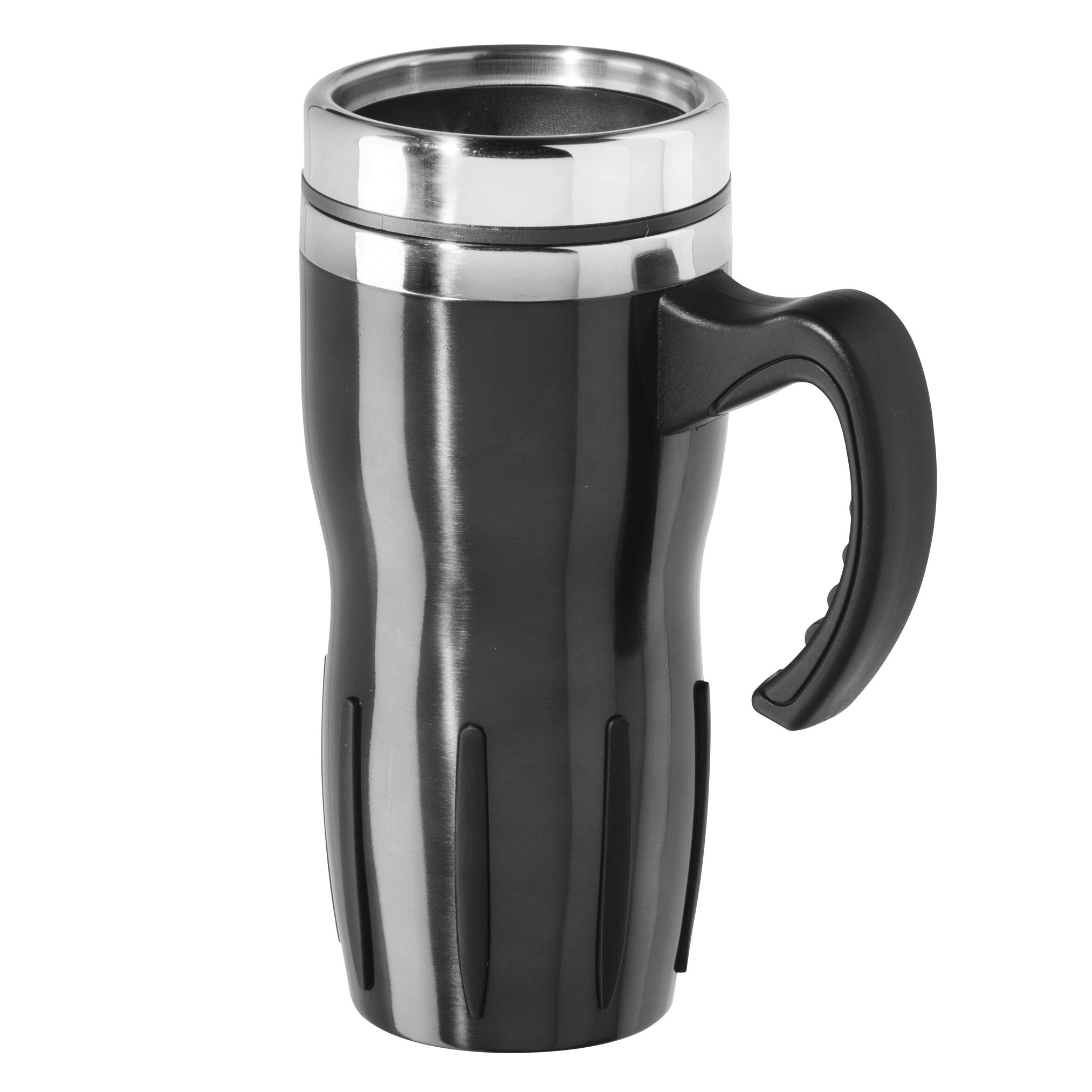 OggiMultigrip Stainless Steel Thermal Travel Mug - Black, 16oz, with slide open lid for hot and cold beverages.