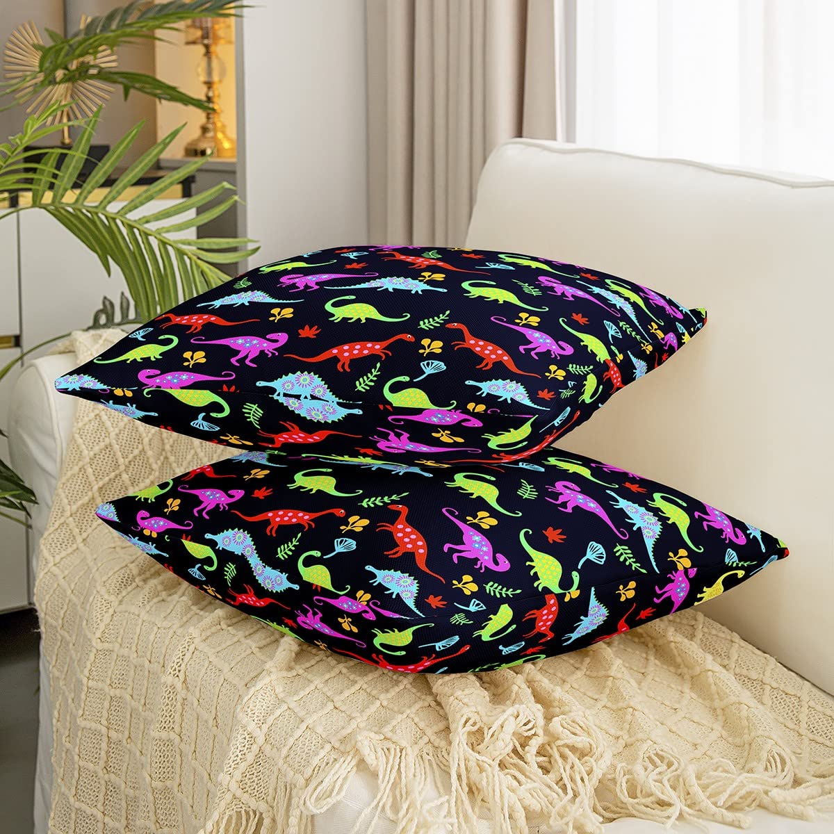 2 Federe Per Cuscini Con Dinosauri 3D - 50x50 Cm - Morbide E Colorate Per Divano E Camera Da Letto - 2